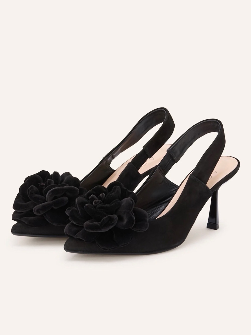 Agl Black Suede Slingback Pointed Heels with Floral Applique